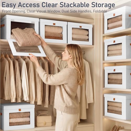 DIMJ Storage Bins with Lids - 4 Pack Front Opening Stackable Fabric Storage Boxes with Clear Window & Handles, Collapsible Closet Organizers for Clothes, Sweaters, Shelf Storage, Bedroom, White - color: White, size: Large-4 Pack