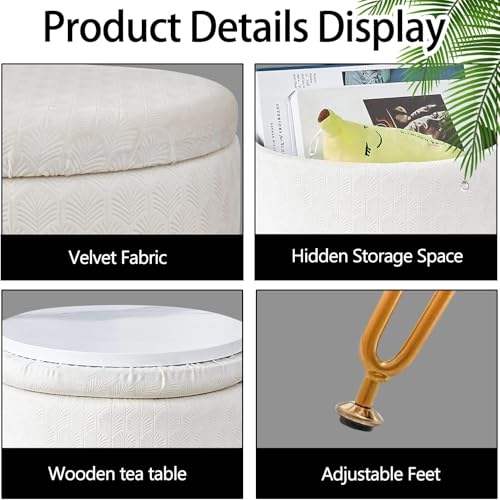 Cpintltr Velvet Storage Ottoman Round Footrest Stool Multifunctional Upholstered Ottoman Modern Accent Vanity Stools Tray Top Coffee Table Suitable for Living Room Bedroom Entryway Cream - color: Cream