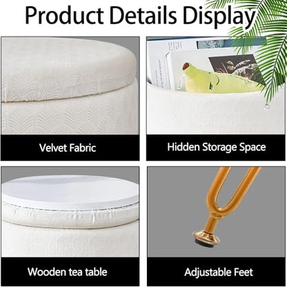 Cpintltr Velvet Storage Ottoman Round Footrest Stool Multifunctional Upholstered Ottoman Modern Accent Vanity Stools Tray Top Coffee Table Suitable for Living Room Bedroom Entryway Cream - color: Cream