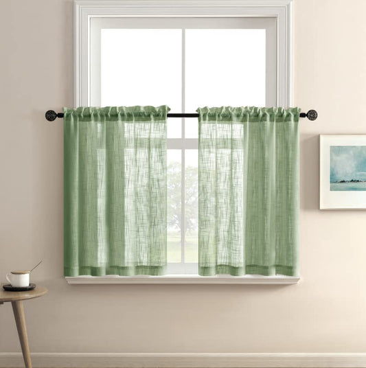XTMYI Light Green Short Curtains for Small Bathroom Window Kitchen Set of 2 Pack Faux Linen Look Sheer Opaque Curtains That Let Light in Can't See Through,24 Inch Length,Sage - color: Sage Green, size: 25"W x 24"L (Pack of 2)