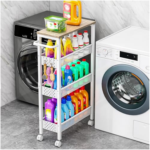 Vivihomety 4-Tier Slim Utility Rolling Laundry Cart with Wheels, Metal | Narrow 7.1" wide, Lockable wheels, wood top panel, metal frame, with handle, for laundry, bathroom, kitchen, white - color: White, size: 7.1 inch wide