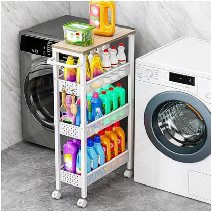 Vivihomety 4-Tier Slim Utility Rolling Laundry Cart with Wheels, Metal | Narrow 7.1" wide, Lockable wheels, wood top panel, metal frame, with handle, for laundry, bathroom, kitchen, white - color: White, size: 7.1 inch wide