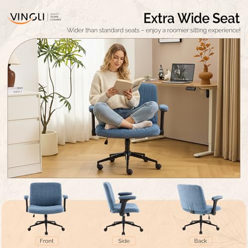 VINGLI Criss Cross Chair with Adjustable Flip-Up Arms,Cross Legged Chair with Wheels,Extra Wide Office Chair,Desk Chair for Home Office,Vanity,Bedroom, Apartment,Starry Chenille,Navy Blue - color: Navy Blue