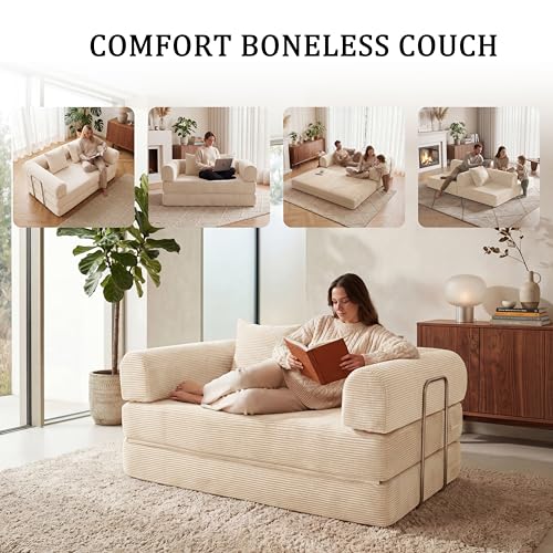 53.15" Boneless Couch,4-in-1 Futon Sofa Bed Modular Loveseat Sleeper Folding Compressed Couch with Pillows,No Assembly Required Convertible Sofa Bed for Living Room Bedroom Guest Room,Beige - color: Beige, size: 53.15" Loveseat Sofa