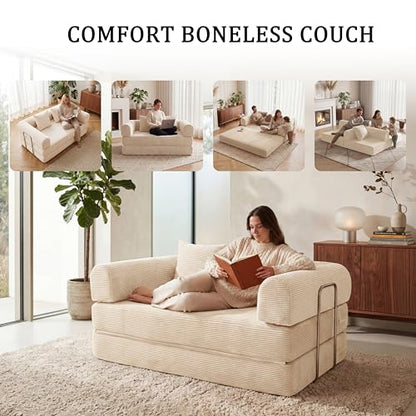 53.15" Boneless Couch,4-in-1 Futon Sofa Bed Modular Loveseat Sleeper Folding Compressed Couch with Pillows,No Assembly Required Convertible Sofa Bed for Living Room Bedroom Guest Room,Beige - color: Beige, size: 53.15" Loveseat Sofa