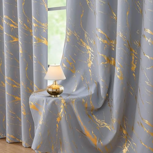 WUBODTI Grey Marble 100% Blackout Curtains Grommet Bedroom 54 inch 2 Panels | Gold and grey,metallic pattern,modern abstract,thermal insulated, room darkening,privacy,kitchen,bathroom,small window,short - color: Grey and Gold, size: 52"W x 54"L (Pack of 2