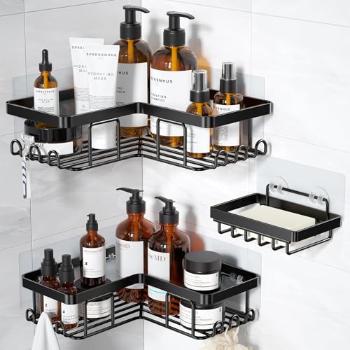 Corner Adhesive Shower Caddy, with Soap Holder and 12 Hooks, Rustproof Stainless Steel Bathroom Organizer, No Drilling Wall Mounted Rack, Black, 3-Pack - color: Black