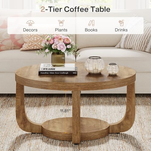 Tribesigns Round Coffee Table, 2-Tier Circle Coffee Table with Storage, Modern Wooden Accent Center Table for Living Room, Thick Tabletop & Base (Rustic Oak) - color: Rustic Oak