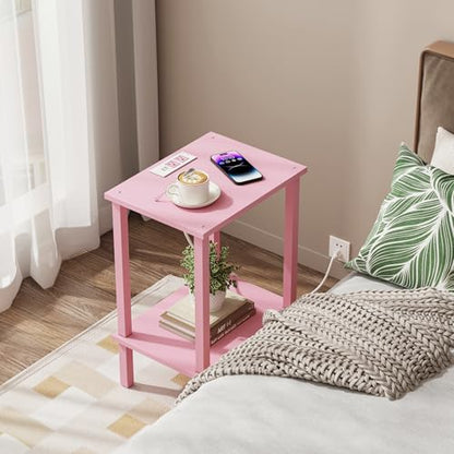 TUTOTAK End Table with Charging Station, Side Table Set of 2, Nightstand | 2-Tier Storage Shelf, Bedside Table with USB Ports, Sofa Table for Small Space, Livingroom, Bedroom Pink TB01BP041 - color: Pink