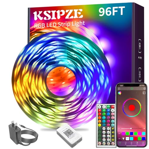 KSIPZE 96ft Led Strip Lights RGB Music Sync Color Changing Bluetooth Led Lights with Smart App Control Remote Led Lights for Bedroom Room Lighting Flexible Home Décor - size: 96ft