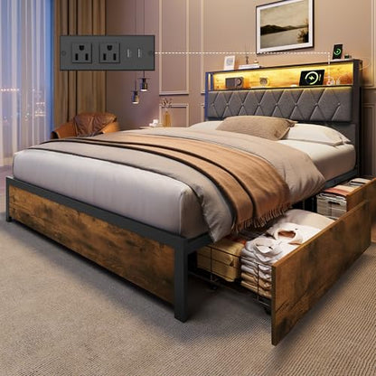 WLIVE Full Size Bed Frame with 4 Storage Drawers, Upholstered Bed Frame with Headboard, Platform Bed with LED Lights and Charging Station, 1500LBS Mattress Foundation, No Box Spring Needed