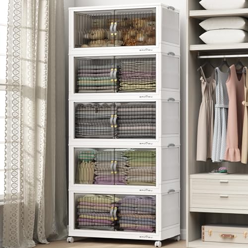 BROVIEW 600Qt Stackable Storage Bins with Lid for Home Dorm, 5Pack White | Closet Organizers, Foldable & Collapsible Cabinets, Large Containers, Wheels & Magnetic Doors, Plastic Drawers for School - color: White, size: 120QT-5Pack