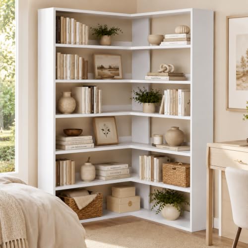 MXV 71.5" Tall L-Shaped Corner Bookshelf, 7-Shelf White Corner Bookcase, 35.2" x 35.2" Wooden Display Shelf with Open Storage for Living Room, Home Office - size: 35.2"