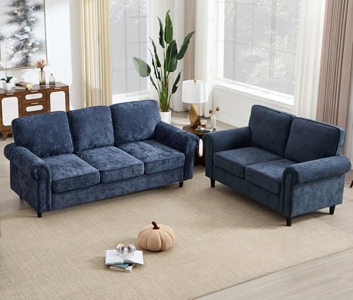Loveseat 2 & 3 Seater Couch with Chair, Mid Century Modern Chenille Sofa Set with Rolled Arms and Deep Seats, Fluffy Comfort for Living Room, Apartment, Easy Assembly, Blue - color: Blue, size: Chenille Standard + Loveseat