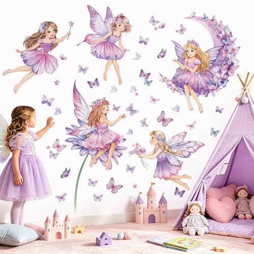 wondever Purple Fairy Girl Wall Decals Moon Butterfly Flower Wall Stickers | Peel and Stick, Removable, Wall Art Decals, Wall Decoration, Kids Room, Girls Bedroom Baby Nursery Playroom Decor