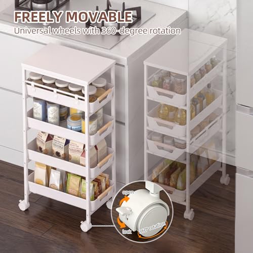 5 Tier Slim Rolling Storage Cart with Pull-Out Drawers, White | Narrow Utility Organizer Cart, Wooden Top, Wheels, For Small Spaces, Kitchen, Bathroom, Laundry Room - color: White