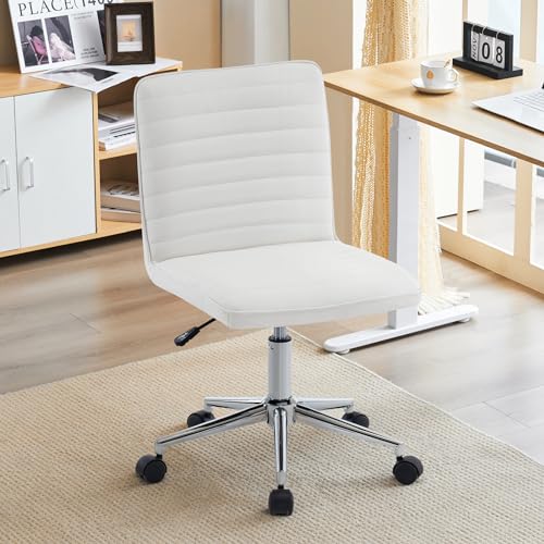Furnimart Armless Swivel Rolling Desk Chair, Adjustable Faux Leather Vanity Chair with Gold Legs, Cute Task Chair with Wheels for Living Room Bedroom Studying Small Places (PU White) - color: Pu-white