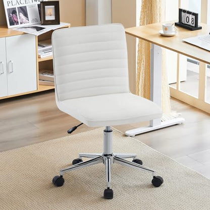 Furnimart Armless Swivel Rolling Desk Chair, Adjustable Faux Leather Vanity Chair with Gold Legs, Cute Task Chair with Wheels for Living Room Bedroom Studying Small Places (PU White) - color: Pu-white
