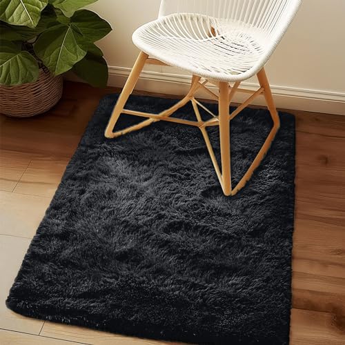 2x3 Fluffy Area Rug, Pure Black Desk Chair Cute Shag Fuzzy Rugs for Bedroom | Upgrade Non-Slip Durable, Throw Rugs for Living Room, Shaggy Carpets for Girls and Boys Room Dorm Decor Aesthetic - color: Black, size: 2' x 3' (Rectangular)