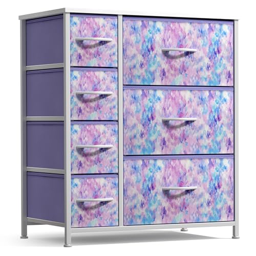 Sorbus Kids Dresser with 7 Drawers - Storage Chest Organizer Unit with Steel Frame, Wood Top & Handles, Tie-dye Fabric Bins for Clothes - Wide Furniture for Bedroom Hallway Kids Room Nursery & Closet - color: Blue/Pink/Purple
