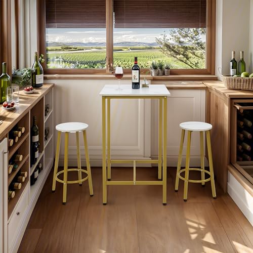 Finnhomy Bar Table Set, 23.6" Pub Table High Top Table, Square Bar Height Table, Bar Table with Stools, Kitchen Table Set for 2, Industrial Breakfast for Kitchen, Living Room, Gold - color: Gold, size: Bar Table+2Stools