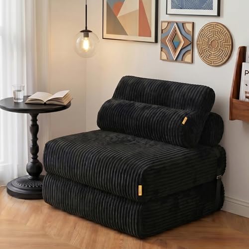 Boneless Folding Sofa Bed, Convertible Sleeper Chair, Black | Boneless folding sofa bed, 3-in-1 sleeper chair & floor couch. Soft corduroy, lumbar pillows, space-saving, no assembly. - color: Black