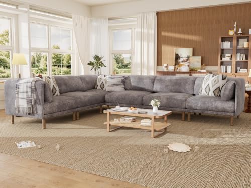 Cloud Sectional Couches for Living Room,Modular Sectional Sofa,Grey | L-Shaped Extra Deep 6 Seater,Mid Century Modern Oversized Sectional Couches With Solid Wood Leg,Large Sofa for Big Space - color: Grey, size: 6 Seats L-Shaped Sofa