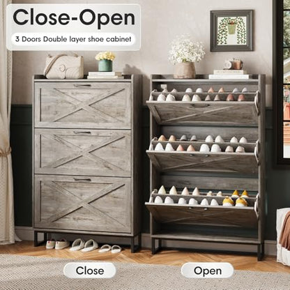 Maupvit Shoe Storage Cabinet with 3 Flip Drawers, Freestanding Organizer with Metal Legs for Entryway, Narrow Shoe Rack Cabinet, Light Rustic Oak - color: Light Rustic Oak, style: 3-Drawers