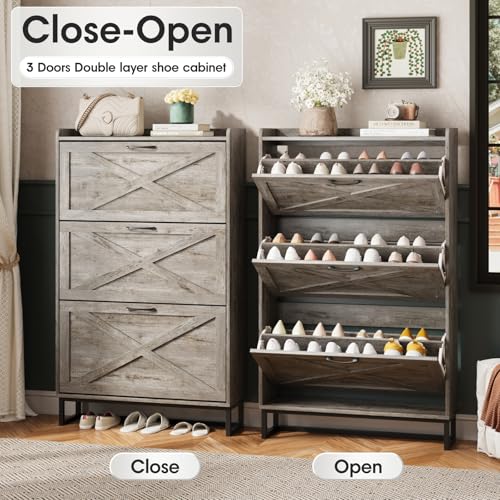 Maupvit Shoe Storage Cabinet with 3 Flip Drawers, Freestanding Organizer with Metal Legs for Entryway, Narrow Shoe Rack Cabinet, Light Rustic Oak - color: Light Rustic Oak, style: 3-Drawers