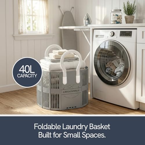 Collapsible Laundry Basket with Handles, 40L Foldable Clothes Hamper Folds 3cm Flat, Space Saving for Apartment, Dorm, RV, Small Spaces, Portable Grocery Tote - color: Grey
