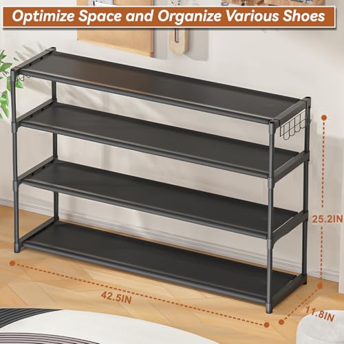 Extra Long Shoe Rack 4 Tier with 2 Hooks Shoe Storage Organizer | Wide Stackable Shoe Racks for Closet, Entryway,Shoe Shelf Stand Sturdy Durable Shoes Holder Save Space Up to 26Pairs - color: Black, size: 4Tier 25.2"H
