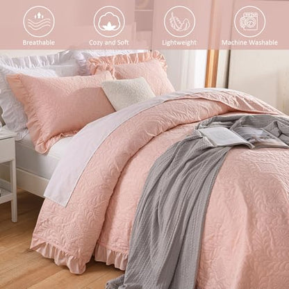 DJY Queen Size Quilt Sets, Ruffled Bedding Set, Blush Pink | Lightweight Modern Pattern Bedspreads, Bed Cover for All Seasons, 96''x90''- 3 Piece (1 Quilt, 2 Pillow Shams) - color: Pink, size: Queen