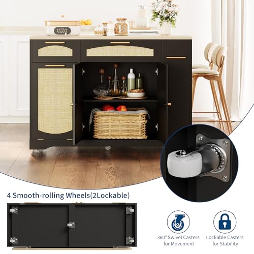 Garvee Rolling Kitchen Island Table on Wheels with Drop Leaf, Tilt Out Trash Can Cabinet, Storage Cabinet, Drawer, Spice Rack, Kitchen Cart, 53.1" Wide, Black - color: Black