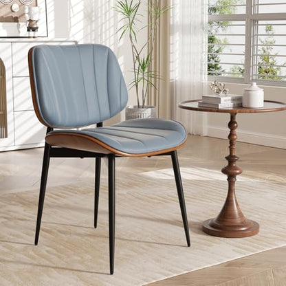 Dining Chair, Mid Century Modern Dining Room Chairs, Upholstered Faux Leather Kitchen Chairs with Walnut Bentwood Back and Metal Legs for Kitchen Dining Room Living Room, Blue - color: Blue, size: Set of 1