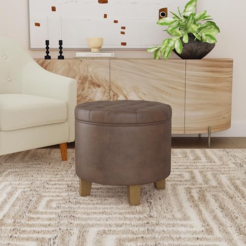 HomePop 19" Faux Leather Button Tufted Round Storage Ottoman - Brown - color: Brown Faux Leather