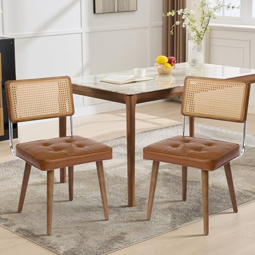 GarveeHome Natural Rattan Dining Chairs Set of 2, PU Upholstered Kitchen Chairs with Tall Cane Backrest and Strong Wood Legs for Dining Room, Kitchen, Restaurant, Brown - color: Brown, size: 2 PCS