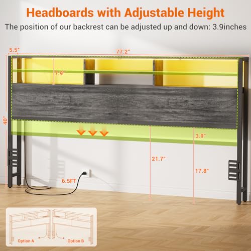 Aheaplus Headboard for King Size Bed with Storage, Headboards with Outlets, USB Ports and LED Light, King Size Head Board Only, Height Adjustable, Reversible, Sturdy and Stable Headboard, Black Oak - color: Black Oak, size: King, style: Wood