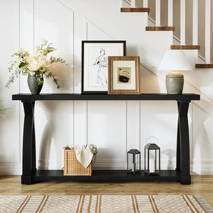 Solid Wood Console Table for Entryway, 63-Inch Narrow Farmhouse Couch Table Behind Sofa with 2-Tier Storage for Entrance, Foyer, Living Room, Long, Black (Black) - color: Black