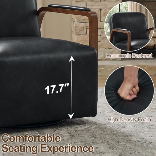 Faux Leather 360° Swivel Barrel Accent Chair, Upholstered Mid Century Modern Reading Lounge Chair with Wooden Armrests & Solid Rotating Metal Base for Living Room Bedroom, Black - color: Black, size: 1 Pack
