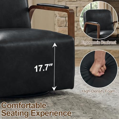 Faux Leather 360° Swivel Barrel Accent Chair, Upholstered Mid Century Modern Reading Lounge Chair with Wooden Armrests & Solid Rotating Metal Base for Living Room Bedroom, Black - color: Black, size: 1 Pack