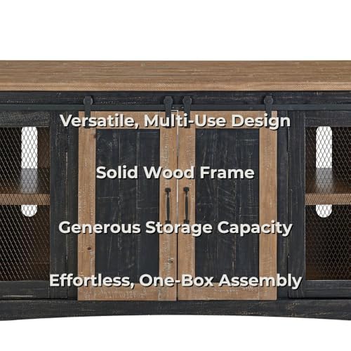 Martin Svensson Home Rustic 65" Wood Entertainment Center Black & Driftwood | Solid Pine, TV Stand, Sliding Doors, Adjustable Shelves & Cable Management, for TVs up to 70" - color: Black and Driftwood
