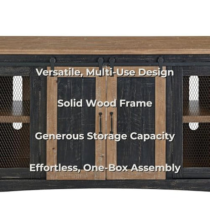 Martin Svensson Home Rustic 65" Wood Entertainment Center Black & Driftwood | Solid Pine, TV Stand, Sliding Doors, Adjustable Shelves & Cable Management, for TVs up to 70" - color: Black and Driftwood