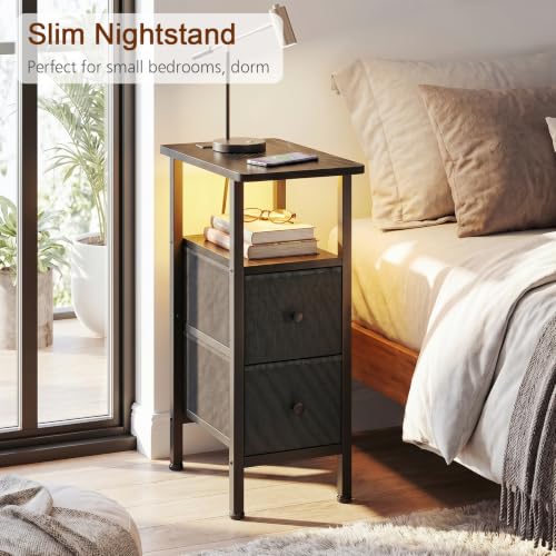Narrow End Table with Charging Station, Small Nightstand | Skinny Side Tables Living Room with 2 Fabric Drawers, Bedside Table with LED Lights for Bedroom, Small Spaces, Black - color: Black, size: 23.22''H (2 Drawers), style: Power + Light