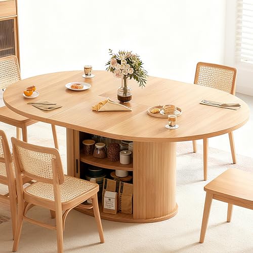 Wildhome Extendable Round Dining Table for 2-4-6, 63 Inch Dining Room Kitchen Table with 2-Tier Storage Shelf, Modern Farmhouse Fluted Wood Slide Door Dinner Furniture,Oval Circle (Oak-63 Inch) - color: Oak-63 Inch