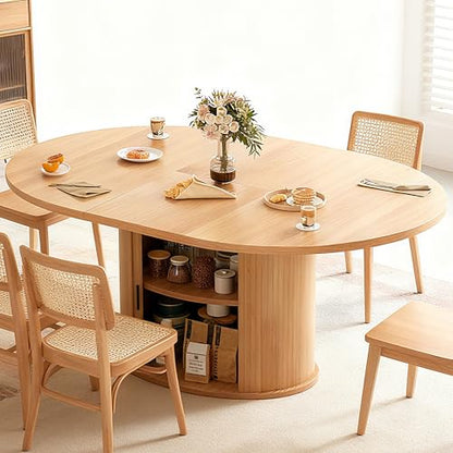 Wildhome Extendable Round Dining Table for 2-4-6, 63 Inch Dining Room Kitchen Table with 2-Tier Storage Shelf, Modern Farmhouse Fluted Wood Slide Door Dinner Furniture,Oval Circle (Oak-63 Inch) - color: Oak-63 Inch