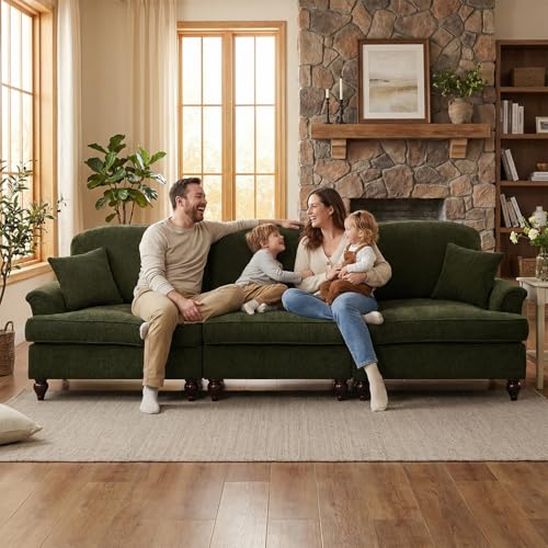 Modular Sectional Sofa Couch, Comfy Chenille Sofa with Removable Ruffled Skirt, Flared Armrests, Sturdy Legs, Convertible 3-Seat for Living Room, Bedroom, Apartment (Green) - color: Green, size: 107.1 Inch