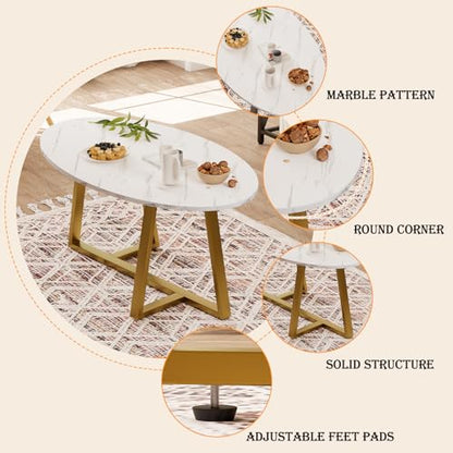 Wolawu Coffee Table White Faux Marble Coffee Table for Living Room,Oval Center Tables Modern Tea Table for Small Space,Wooden Living Room Tables End Table with Sturdy Gold Metal Leg - color: White Gold