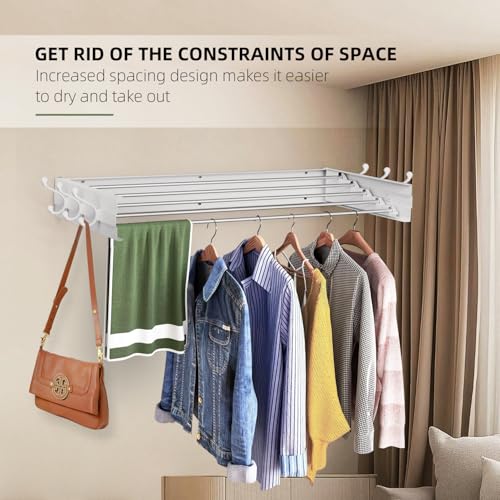 Laundry Drying Rack, Collapsible Wall Mounted Clothes Drying Rack - Foldable,Space Saving, 13.2 Linear Ft, 5 Aluminum Rods, 60 lb Capacity (White, 40" Wide) - size: 40"