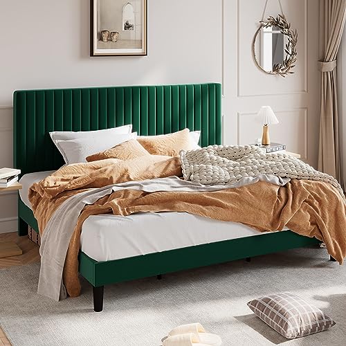 SHA CERLIN King Upholstered Platform Bed Frame with Vertical Channel Tufted Velvet Fabric Adjustable Headboard, Wooden Slats Support, Mattress Foundation, Box Spring Optional, Green - color: Green, size: King
