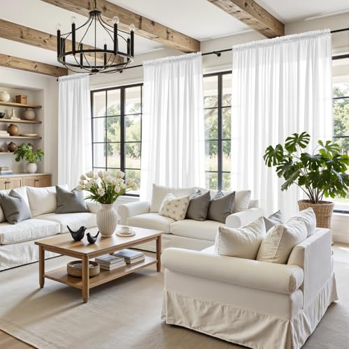 HOMEIDEAS Non-See-Through White Privacy Sheer Curtains 52 X 84 Inches Long 2 Panels Sheer Curtains Light Filtering Window Curtains Drapes for Bedroom Living Room | 2 Panels, Light Filtering, Semi Sheer Curtains, Window Voile Drapes, Bedroom Living Room Di